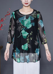 Stylish Green Leaf Print Oversized Chiffon Top Bracelet Sleeve