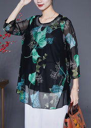 Stylish Green Leaf Print Oversized Chiffon Top Bracelet Sleeve