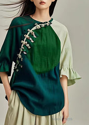 Stylish Green O Neck Button Cotton Blouses Flare Sleeve