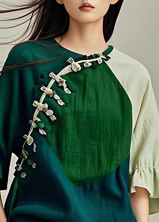 Stylish Green O Neck Button Cotton Blouses Flare Sleeve