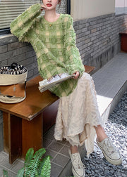 Stylish Green O-Neck Plaid Patchwork Long Dress Spring