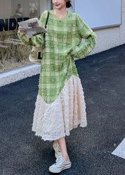 Stylish Green O-Neck Plaid Patchwork Long Dress Spring