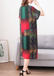 Stylish Green O Neck Print Patchwork Chiffon Dress Summer