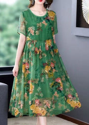 Stylish Green O-Neck Ruffled Print Patchwork Silk Dresses Summer