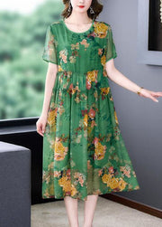 Stylish Green O-Neck Ruffled Print Patchwork Silk Dresses Summer