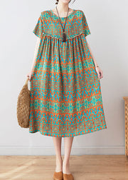 Stylish Green O Neck Wrinkled Print Patchwork Cotton Mid Dresses Summer