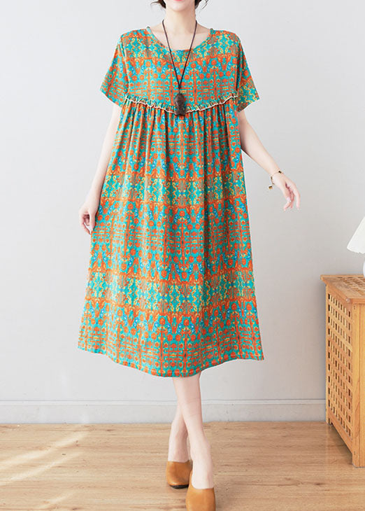 Stylish Green O Neck Wrinkled Print Patchwork Cotton Mid Dresses Summer