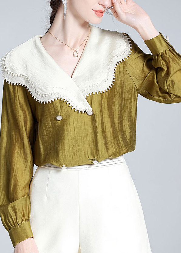 Stylish Green Peter Pan Collar Button Silk Linen Shirts Long Sleeve