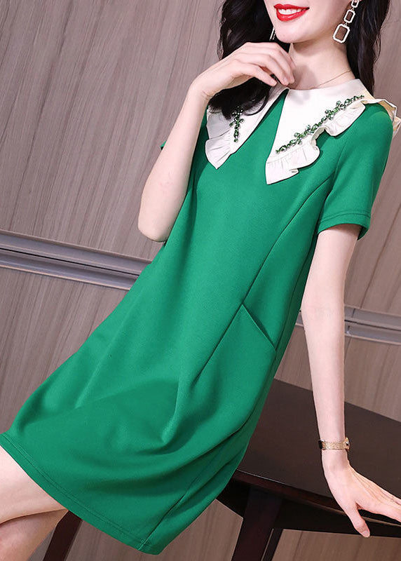 Stylish Green Peter Pan Collar Ruffles Pockets Spandex Dress Summer