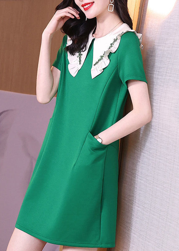 Stylish Green Peter Pan Collar Ruffles Pockets Spandex Dress Summer