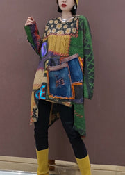 Stylish Green Print Asymmetrical Patchwork Knit Mid Dress Fall