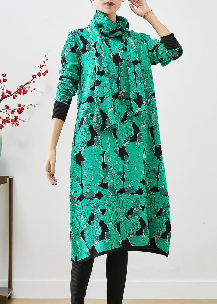 Stylish Green Print Give Scarf Knit Vacation Dresses Fall