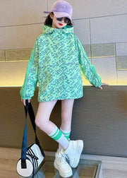 Stylish Green Print Patchwork Girls Hooded Coat Fall