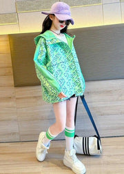 Stylish Green Print Patchwork Girls Hooded Coat Fall