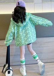 Stylish Green Print Patchwork Girls Hooded Coat Fall