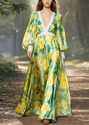 Stylish Green Print Patchwork Silk Maxi Dress V Neck Spring