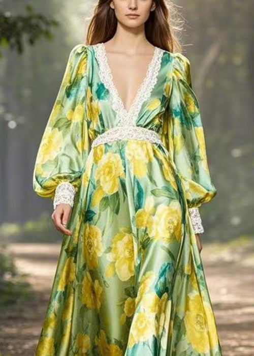 Stylish Green Print Patchwork Silk Maxi Dress V Neck Spring