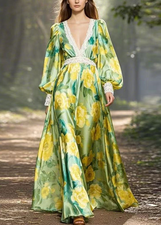 Stylish Green Print Patchwork Silk Maxi Dress V Neck Spring