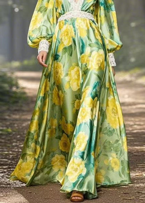 Stylish Green Print Patchwork Silk Maxi Dress V Neck Spring