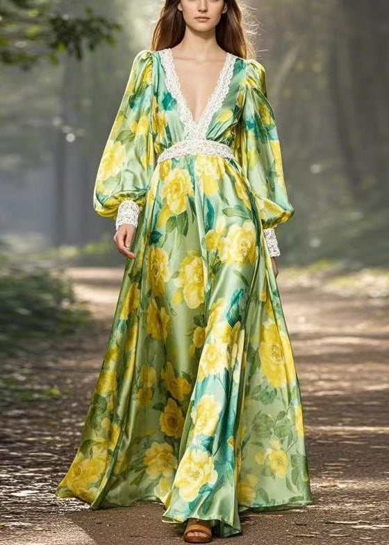 Stylish Green Print Patchwork Silk Maxi Dress V Neck Spring