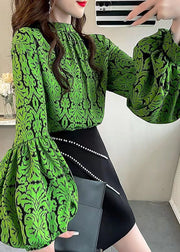 Stylish Green Print Stand Collar Chiffon Shirts Top Lantern Sleeve