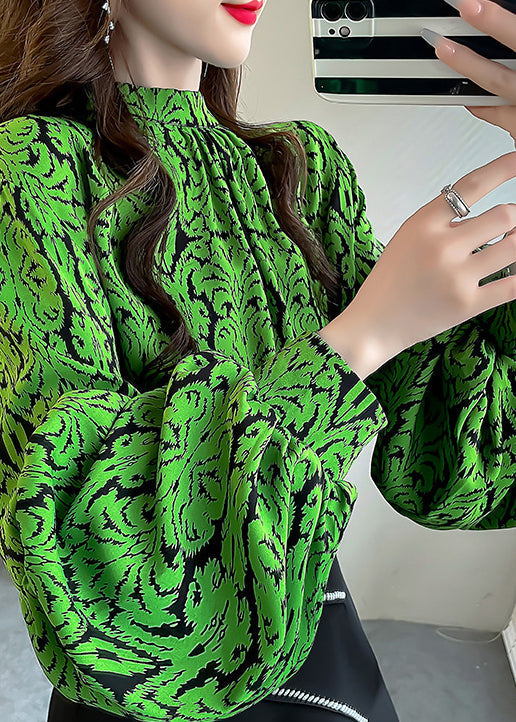 Stylish Green Print Stand Collar Chiffon Shirts Top Lantern Sleeve