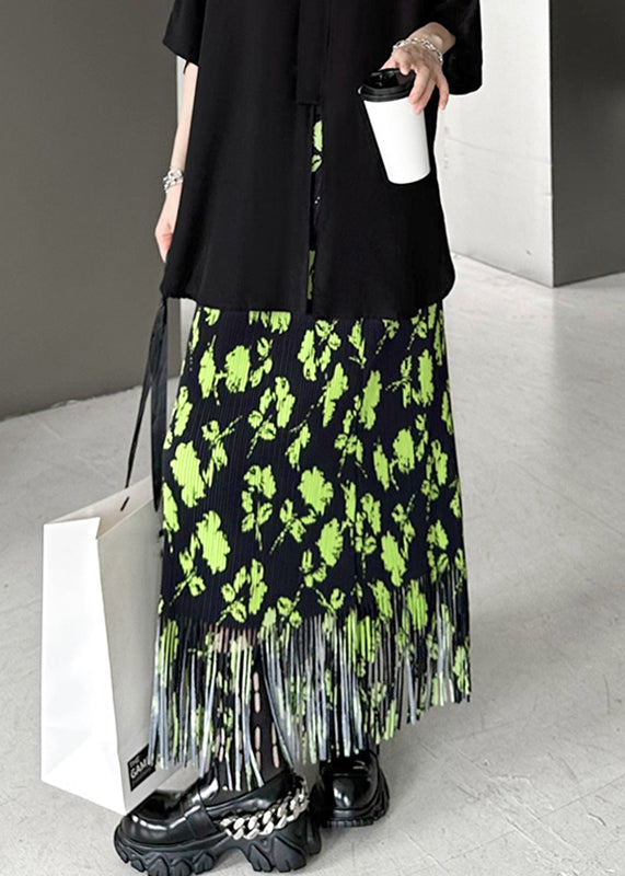 Stylish Green Print Tasseled Patchwork Cotton Maxi Skirts Summer