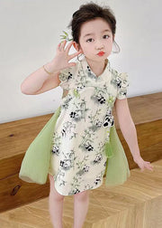 Stylish Green Print Tulle Patchwork Button Girls Mid Dresses Summer