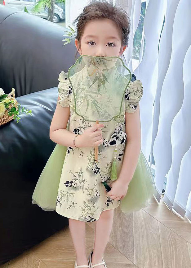 Stylish Green Print Tulle Patchwork Button Girls Mid Dresses Summer