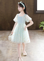 Stylish Green Puff Sleeve Daisy Tulle Kids Girls Mid Dress Summer