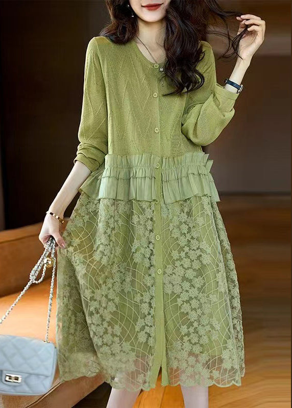 Stylish Green Ruffled Button Lace Patchwork Dresses Long Sleeve