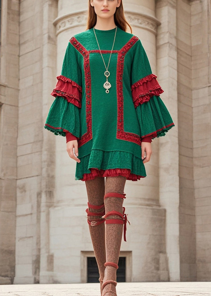 Stylish Green Ruffled Patchwork Cotton Day Dress Flare Sleeve