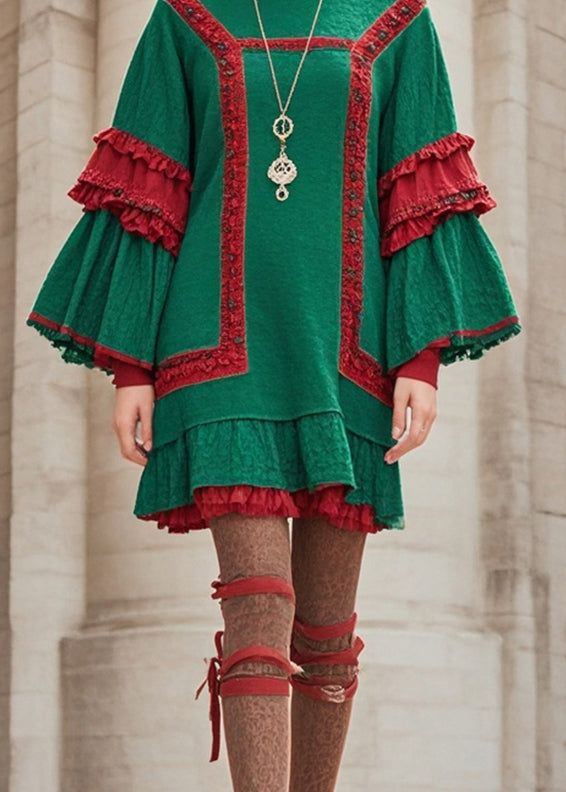 Stylish Green Ruffled Patchwork Cotton Day Dress Flare Sleeve