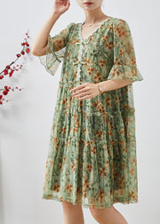 Stylish Green Ruffled Print Chiffon Vacation Dress Summer