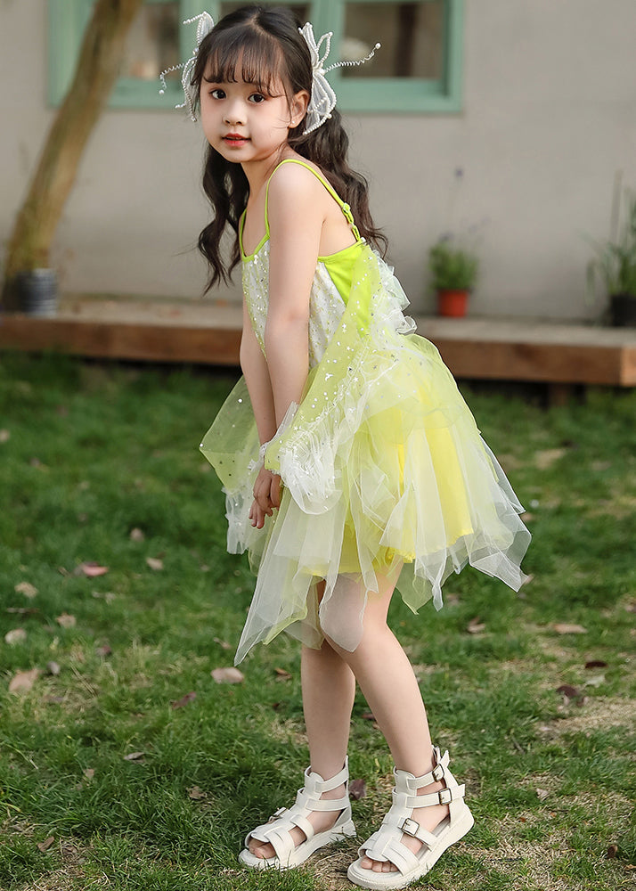 Stylish Green Sequins Tulle Girls Spaghetti Strap Mid Dress Summer