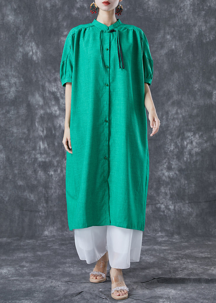 Stylish Green Stand Collar Oversized Tassel Cotton Shirt Dress Summer