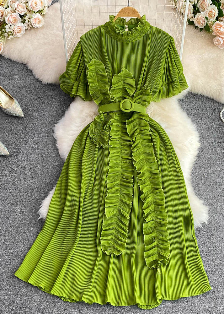 Stylish Green Stand Collar Ruffled Maxi Dress Short Sleeve