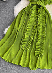 Stylish Green Stand Collar Ruffled Maxi Dress Short Sleeve