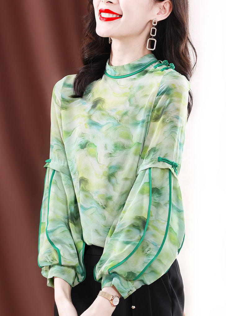 Stylish Green Stand Collar Tie Dye Oriental Button Chiffon Shirt Lantern Sleeve