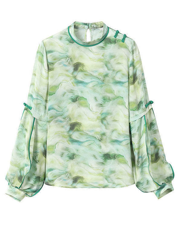 Stylish Green Stand Collar Tie Dye Oriental Button Chiffon Shirt Lantern Sleeve