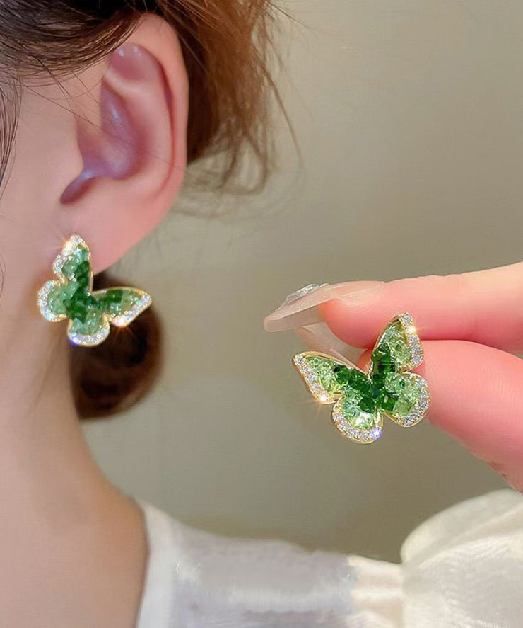 Stylish Green Sterling Silver Alloy Crystal Zircon Butterfly Stud Earrings