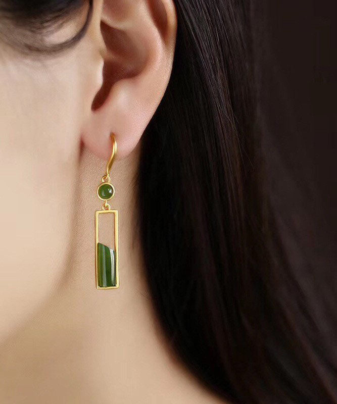 Stylish Green Sterling Silver Inlaid Jade Gem Stone Drop Earrings