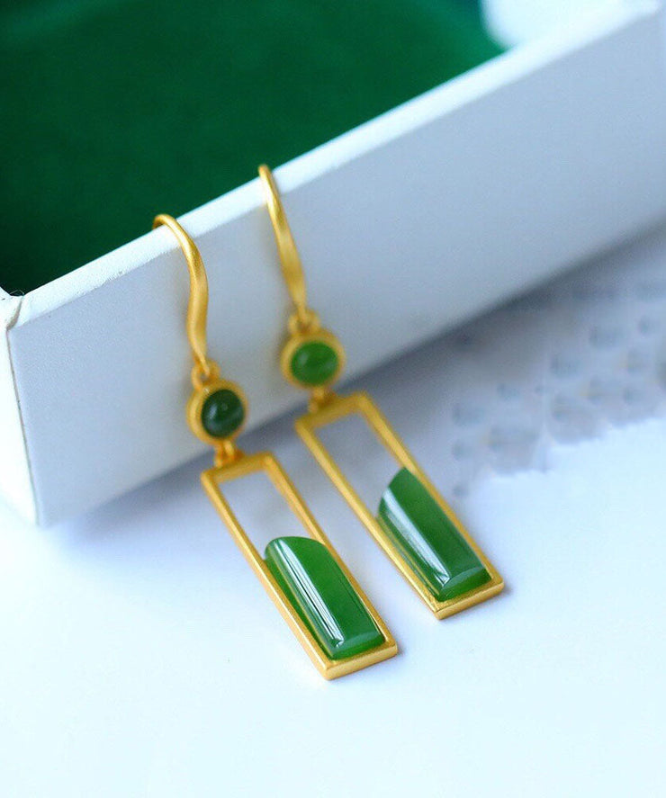 Stylish Green Sterling Silver Inlaid Jade Gem Stone Drop Earrings