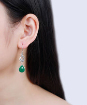 Stylish Green Sterling Silver Inlaid Water Drop Chalcedony Drop Earrings