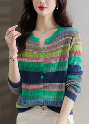 Stylish Green Striped Button Thin Knit Sweater Spring