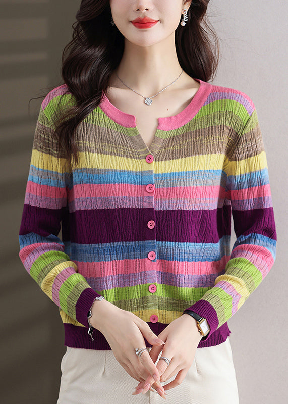 Stylish Green Striped Button Thin Knit Sweater Spring