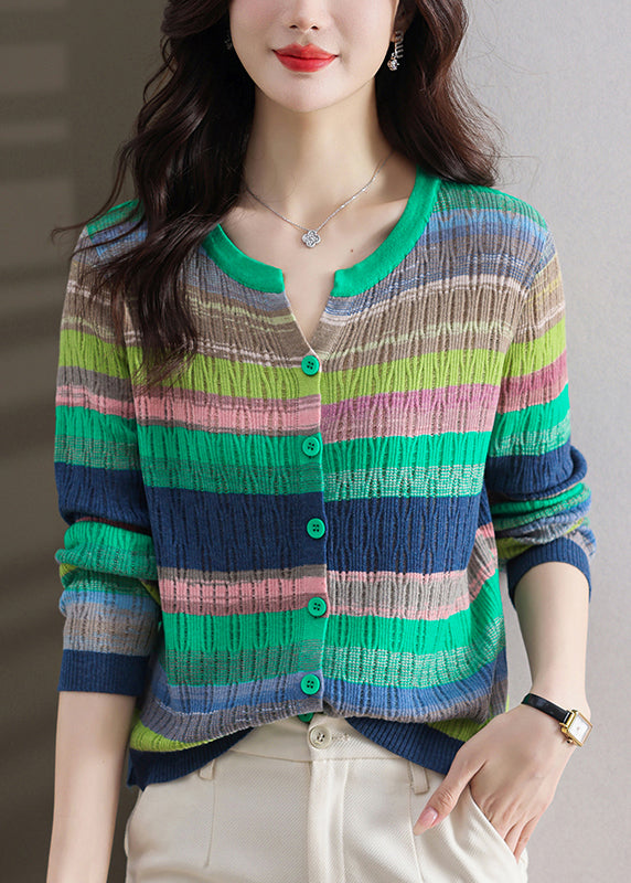 Stylish Green Striped Button Thin Knit Sweater Spring