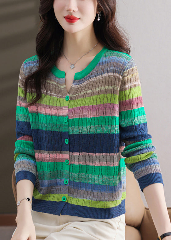 Stylish Green Striped Button Thin Knit Sweater Spring