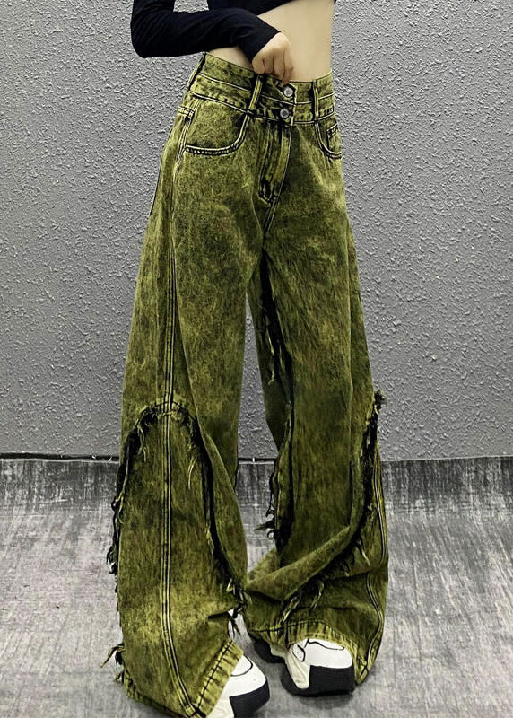 Stylish Green Tasseled Patchwork Denim Wide Leg Pants Spring