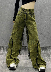 Stylish Green Tasseled Patchwork Denim Wide Leg Pants Fall